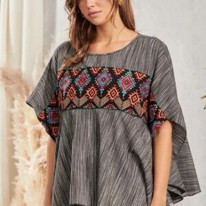 Savanna Jane Gray Blouse with Colorful Geometric Pattern